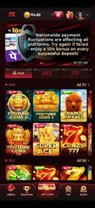 EK7 online game platform with colorful casino-style interface and mobile gaming rewards section.